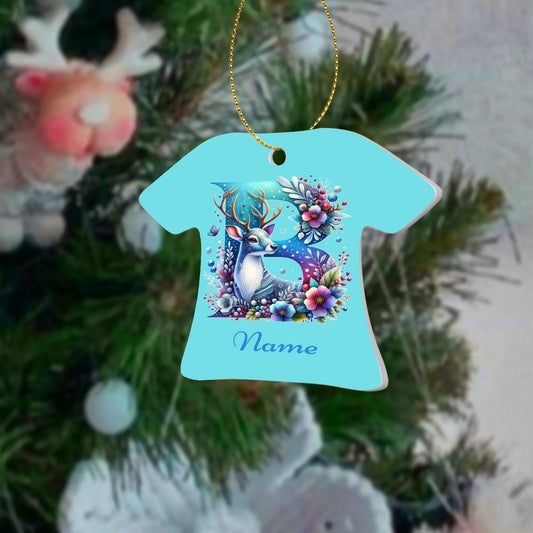 Personalize Floral Reindeer B -T-shirt shaped Ceramic Ornaments