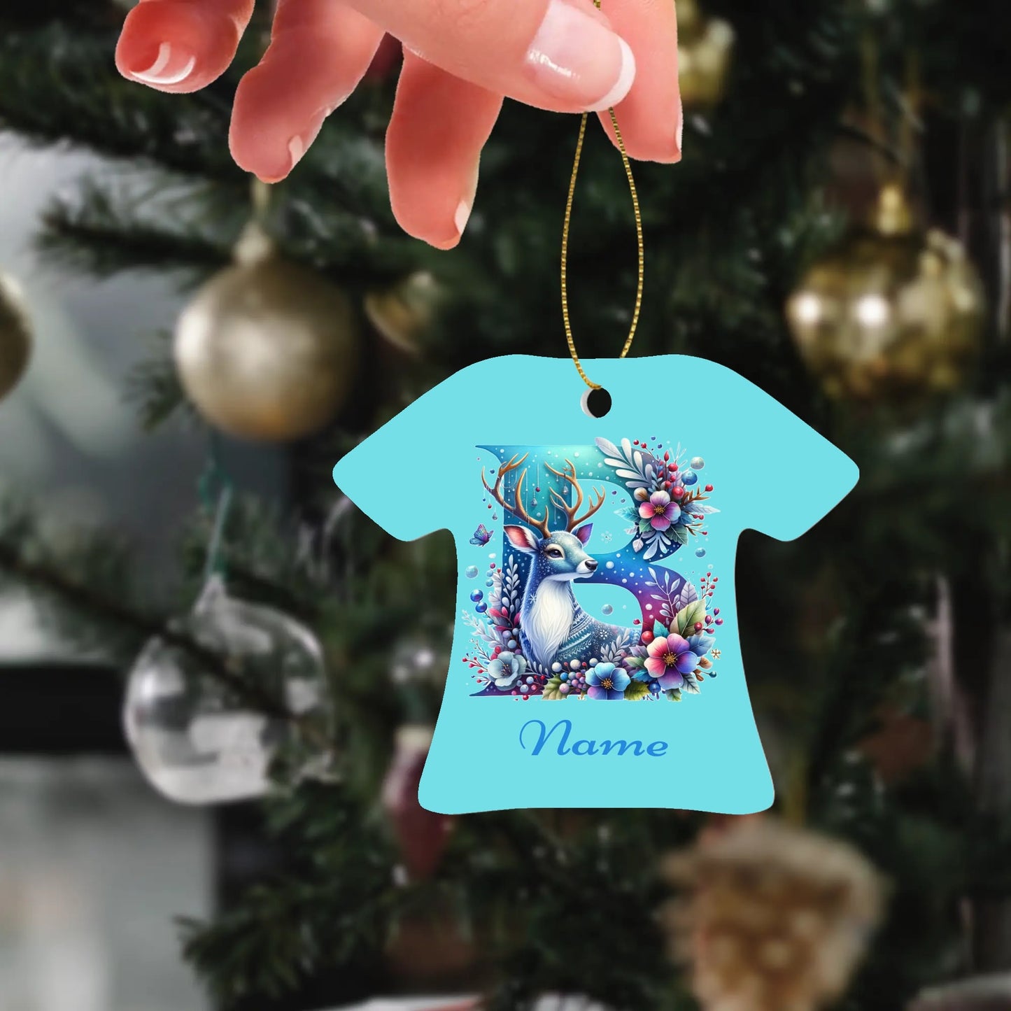 Personalize Floral Reindeer B -T-shirt shaped Ceramic Ornaments