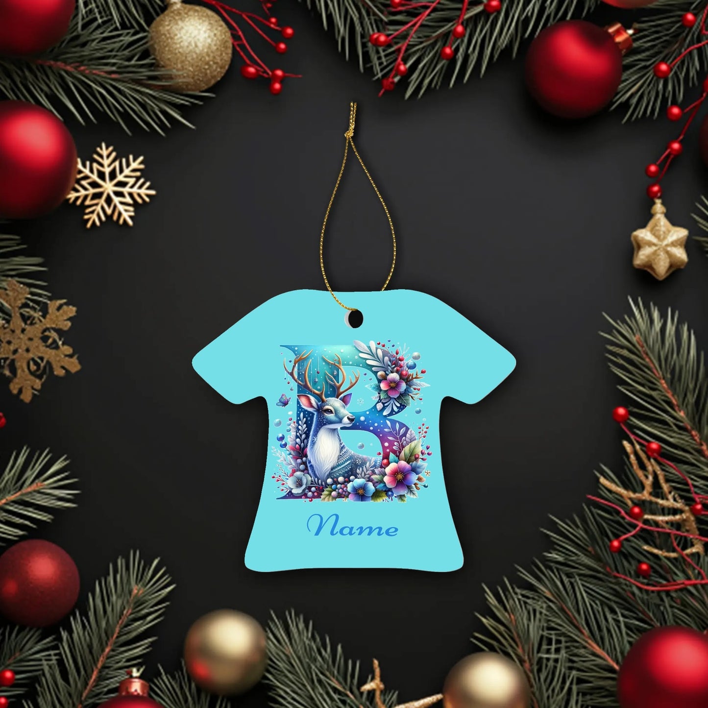 Personalize Floral Reindeer B -T-shirt shaped Ceramic Ornaments